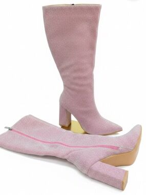 Pink Sparkle Knee-High Block Heel Boots